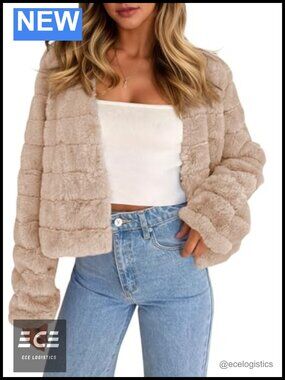 Cropped Faux Fur Jacket Long Sleeve Open Front Fluffy Short Coat